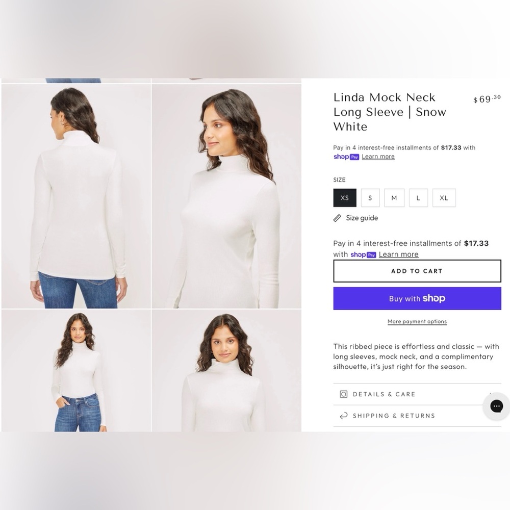Three dots White Turtleneck Long Sleeve Top, M, 100% Cotton, great layer piece
